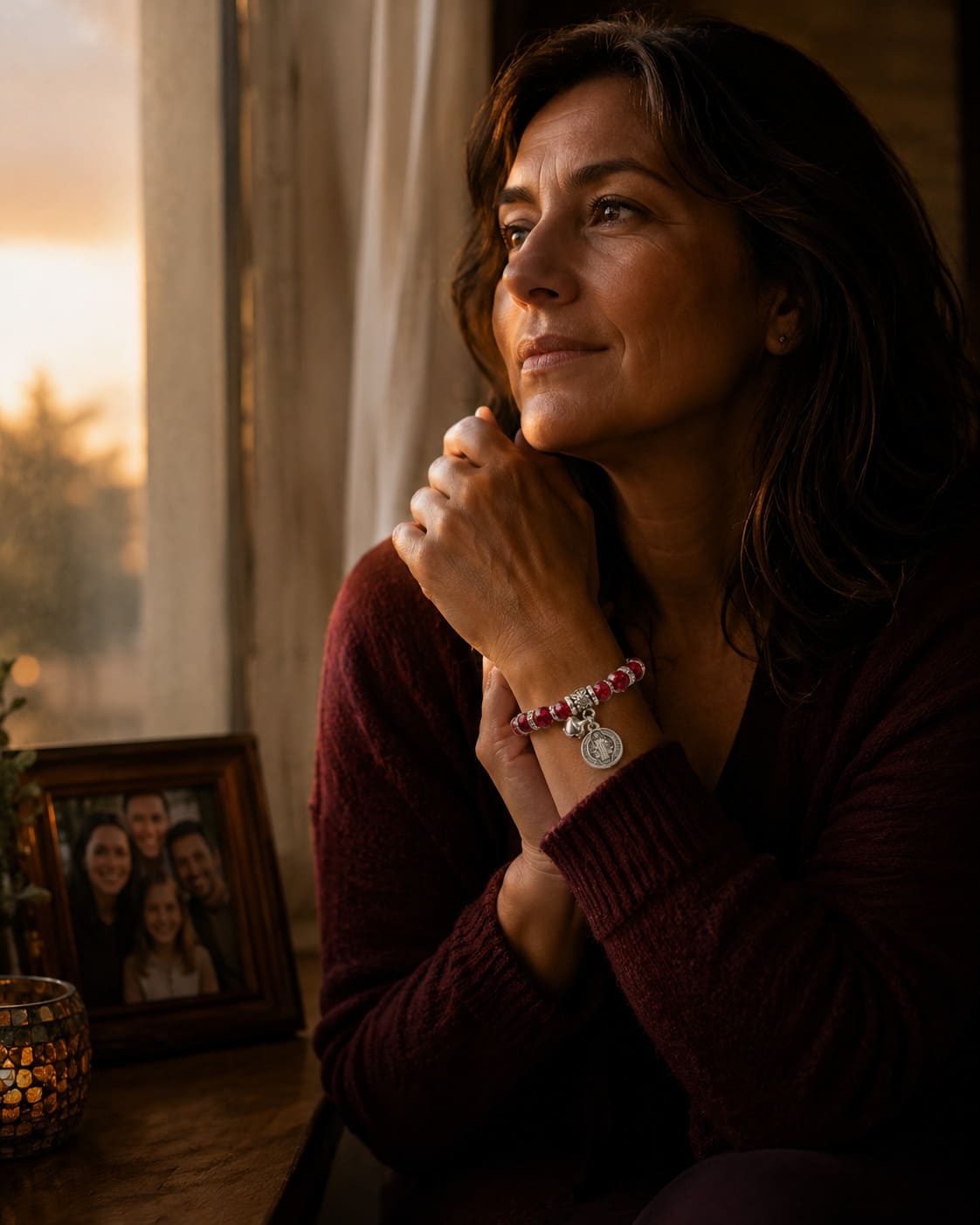 Mujer tocando la Pulsera de San Benito junto a una ventana